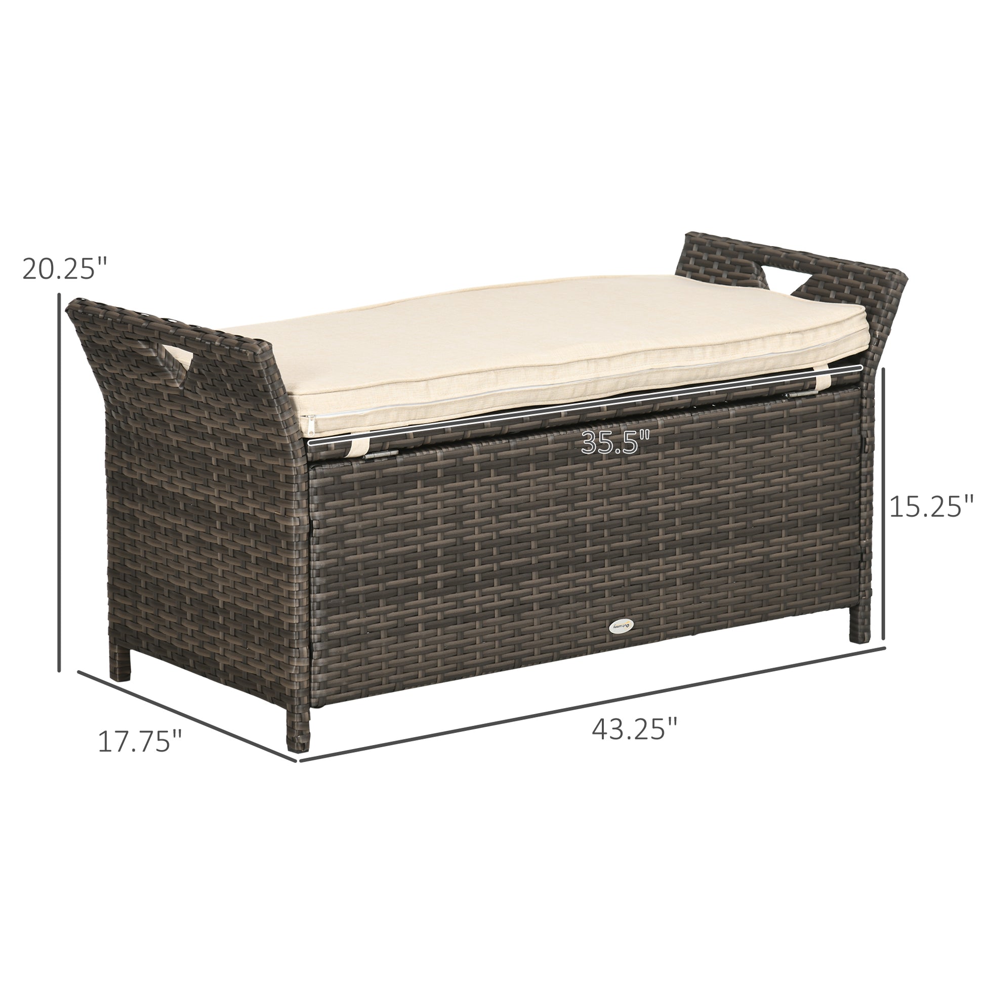 Outsunny 27 Gallon Patio Wicker Storage Bench, Outdoor Pe Rattan Patio Furniture, 2 In 1 Large Capacity Rectangle Garden Storage Box With Handles And Cushion, Cream White Brown White Steel