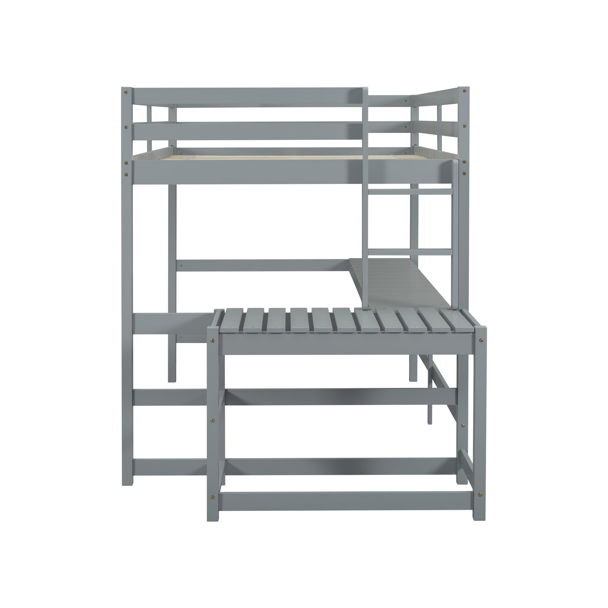 Full Size High Loft Bed With Built In Desk, Ladder Platform, Ladders, Guardrails ,Grey Full Grey Bedroom American Design Pine