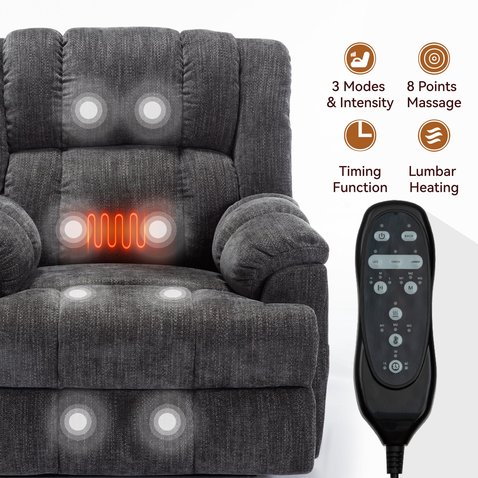 Dual Motor Heat Massage Infinite Position Up To 350 Lbs Electric Power Lift Recliners With Power Remote, Medium Firm And Heavy Duty, Grey White Metal Primary Living Space Heavy Duty Pine Grey Chenille Power Remote Medium Firm Cushion Back American Design