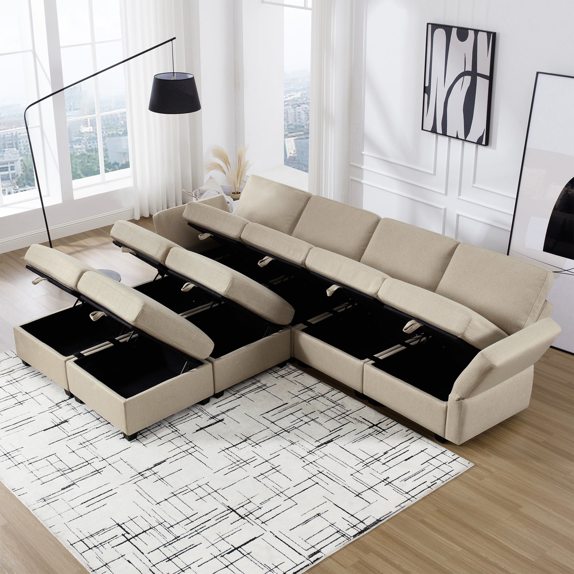 Modular Convertible U Shaped Sectional Sofa Couch With Storage Ottoman Corner Couch For Living Room, Adjustable Arms And Backs Beige Beige Polyester 4 Seat