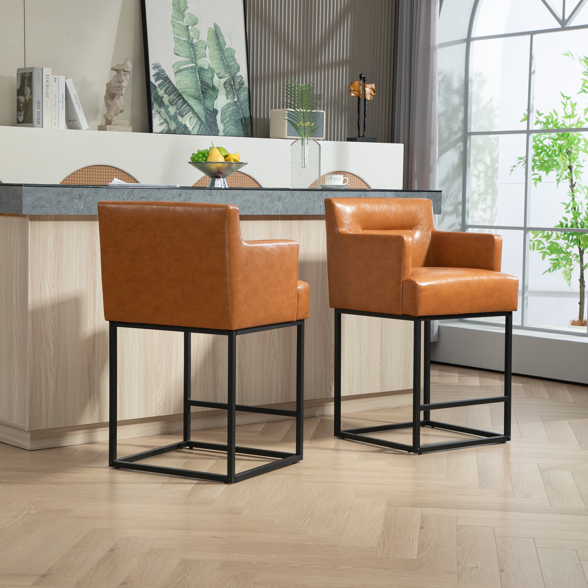 Coolmore Counter Height Bar Stools Set Of 2, Modern Barrel Bar Stool With Backrest And Arms, Black Metal Frames, Upholstered Bar Stools For Kitchen Island, Pub, Club Light Brown Foam Pu Leather