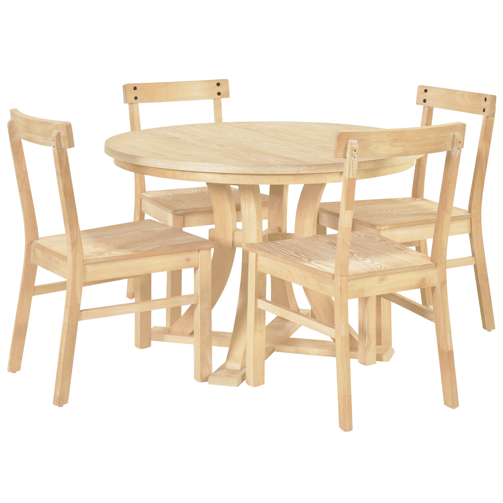 5 Piece Rustic Round Pedestal Extendable Dining Table Set With 15.7" Removable Leaf And Simple Dining Chirs For Small Places, Natural Wood Dining Room Extendable Rubberwood Oval Dining Table With Chair Wood Wood Natural Seats 4 Removable Leaf Farmhouse