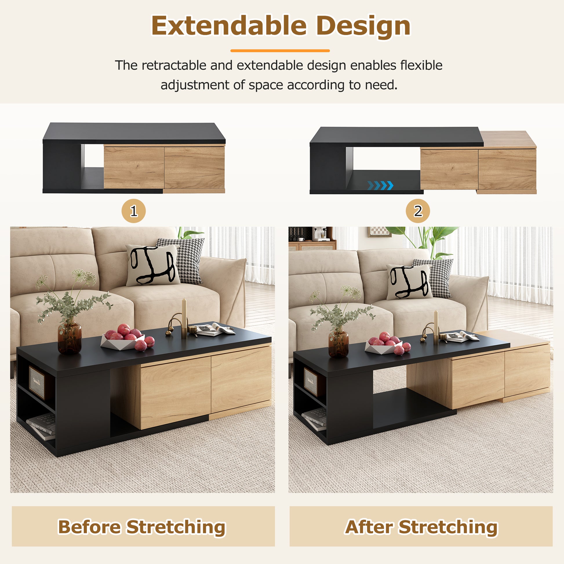 47.2'' 57''W Extendable Coffee Table With 2 Storage Drawers, Dual Tone Wood Center Table With Extendable Sliding Tabletop, Multi Functional Hidden Storage Sofa Table For Living Room, Black Black Primary Living Space Drawers Rectangular Particle Board Mdf