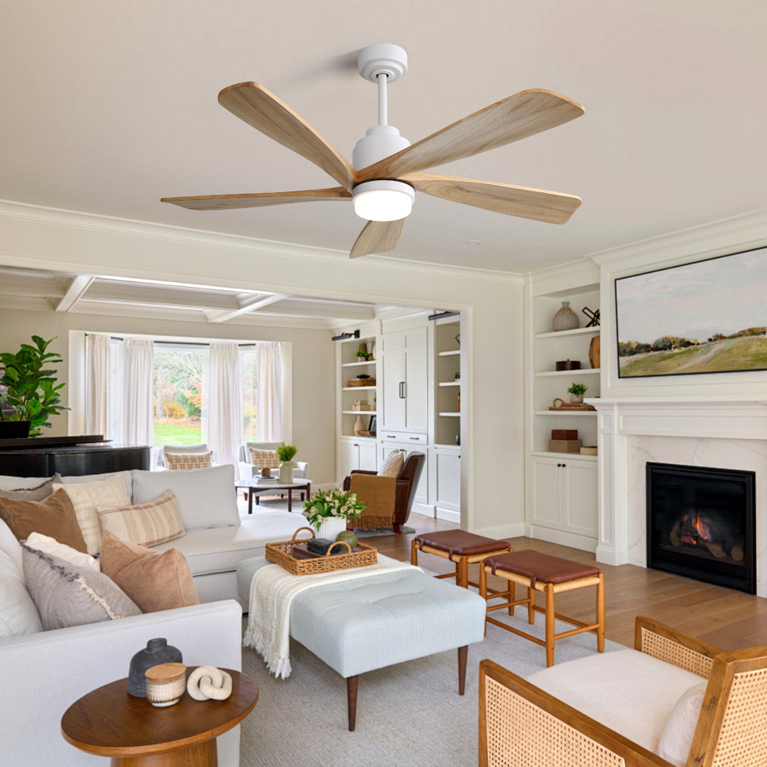 52 Inch Ceiling Fan With Dimmable Led Light 5 Solid Wood Blades Smart Remote Control Reversible Dc Motor Ceiling Fan White Metal & Wood