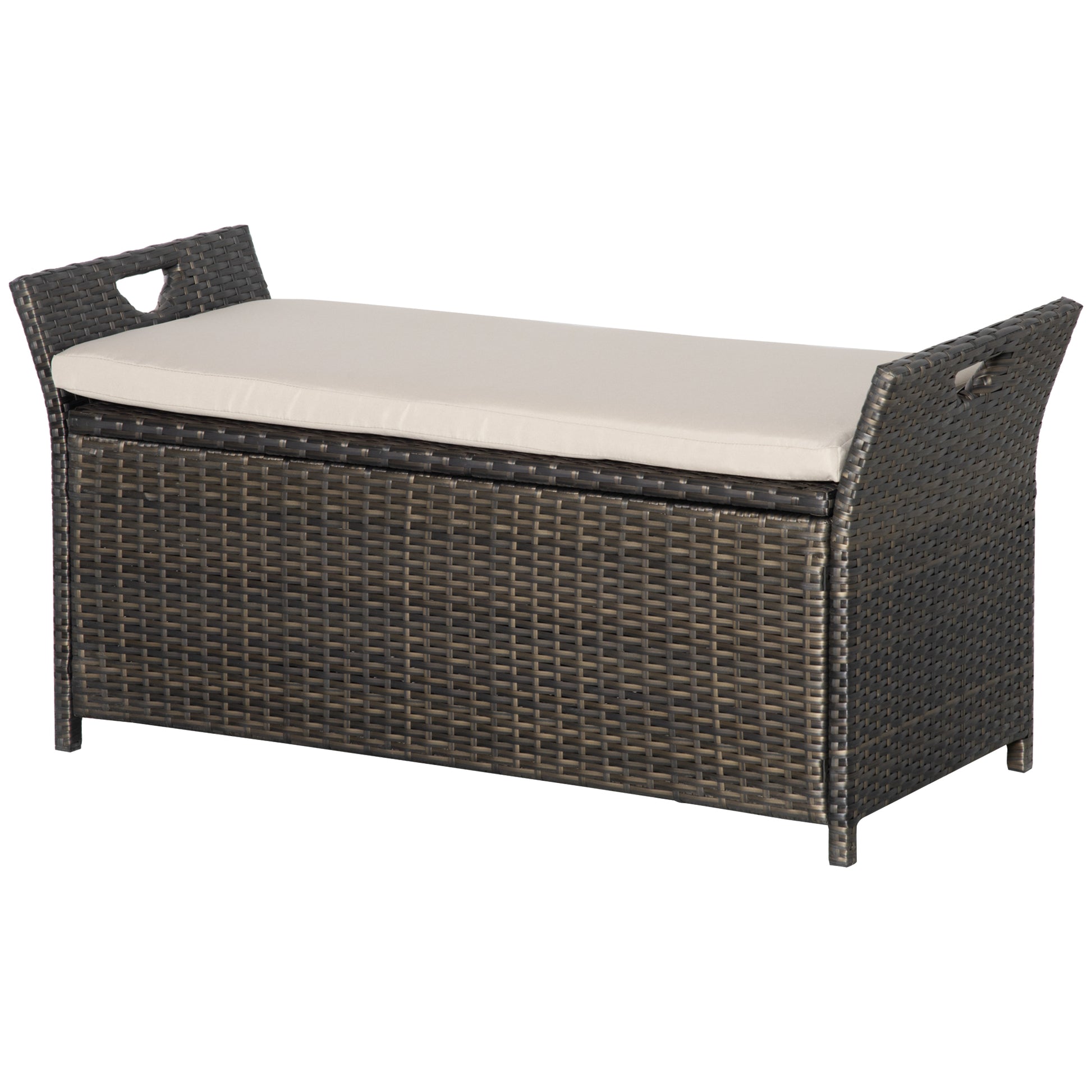 Outsunny 27 Gallon Patio Wicker Storage Bench, Outdoor Pe Rattan Patio Furniture, 2 In 1 Large Capacity Rectangle Garden Storage Box With Handles And Cushion, Cream White Brown White Steel