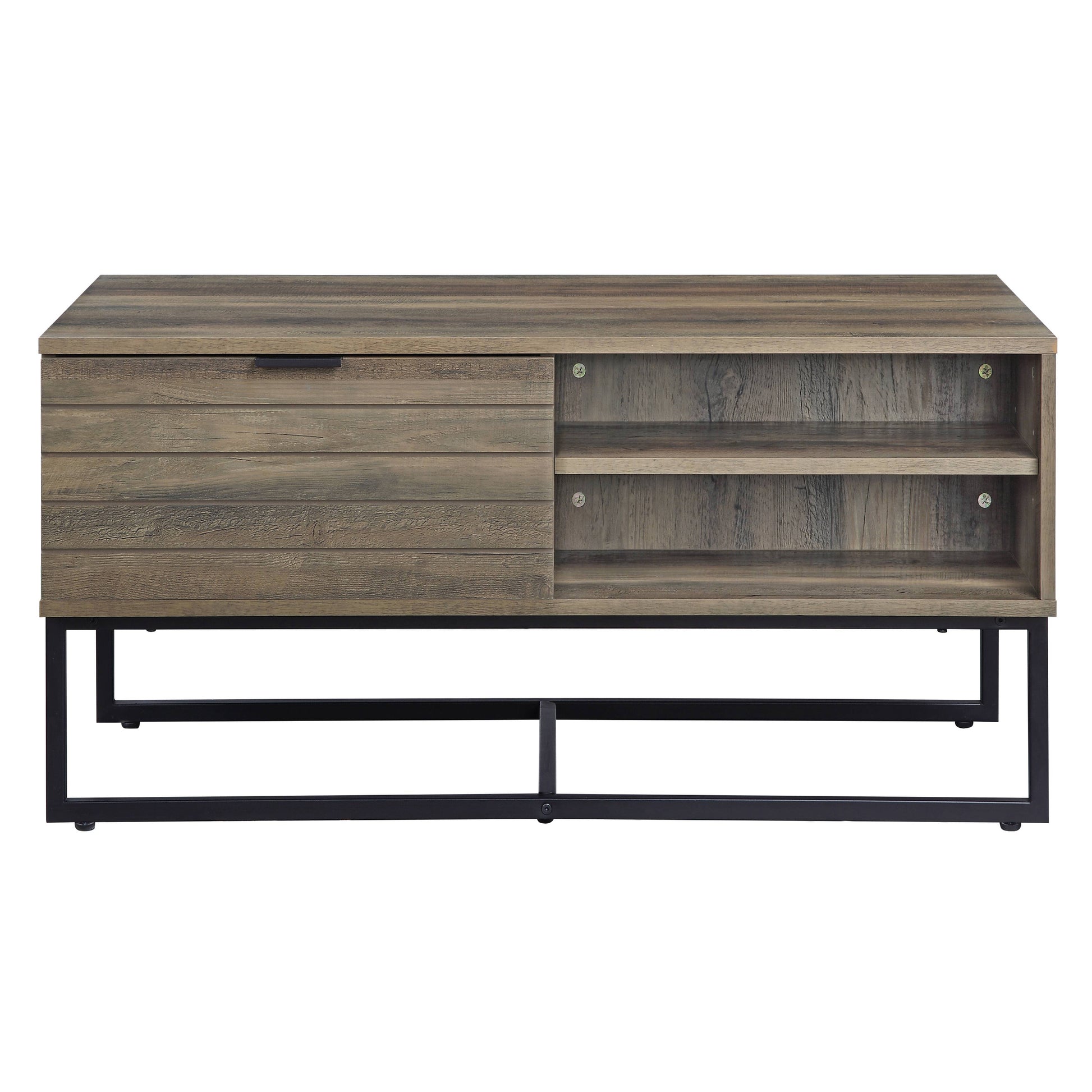 Rustic Oak And Black Coffee Table With Open Storage Rustic Primary Living Space Oak Drawers Rectangular Wood Metal