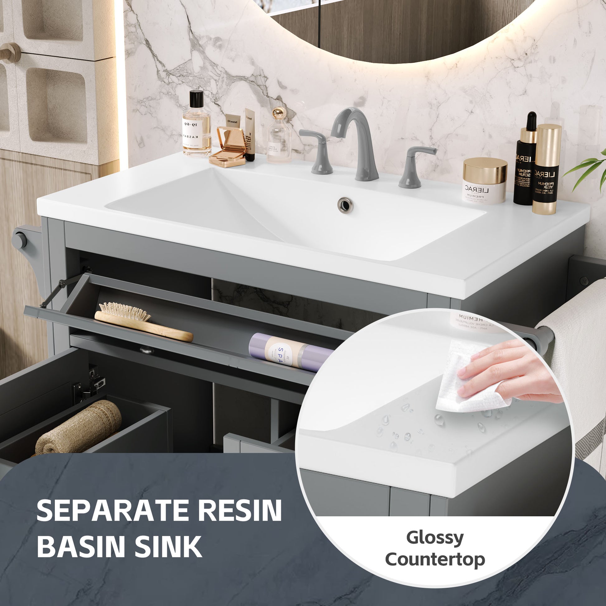 30'' Bathroom Vanity With Top Sink, Modern Bathroom Storage Cabinet With 2 Drawers And A Tip Out Drawer, Single Sink Bathroom Vanity Same As N710S130001E Grey Bathroom Modern Solid Wood Mdf Resin