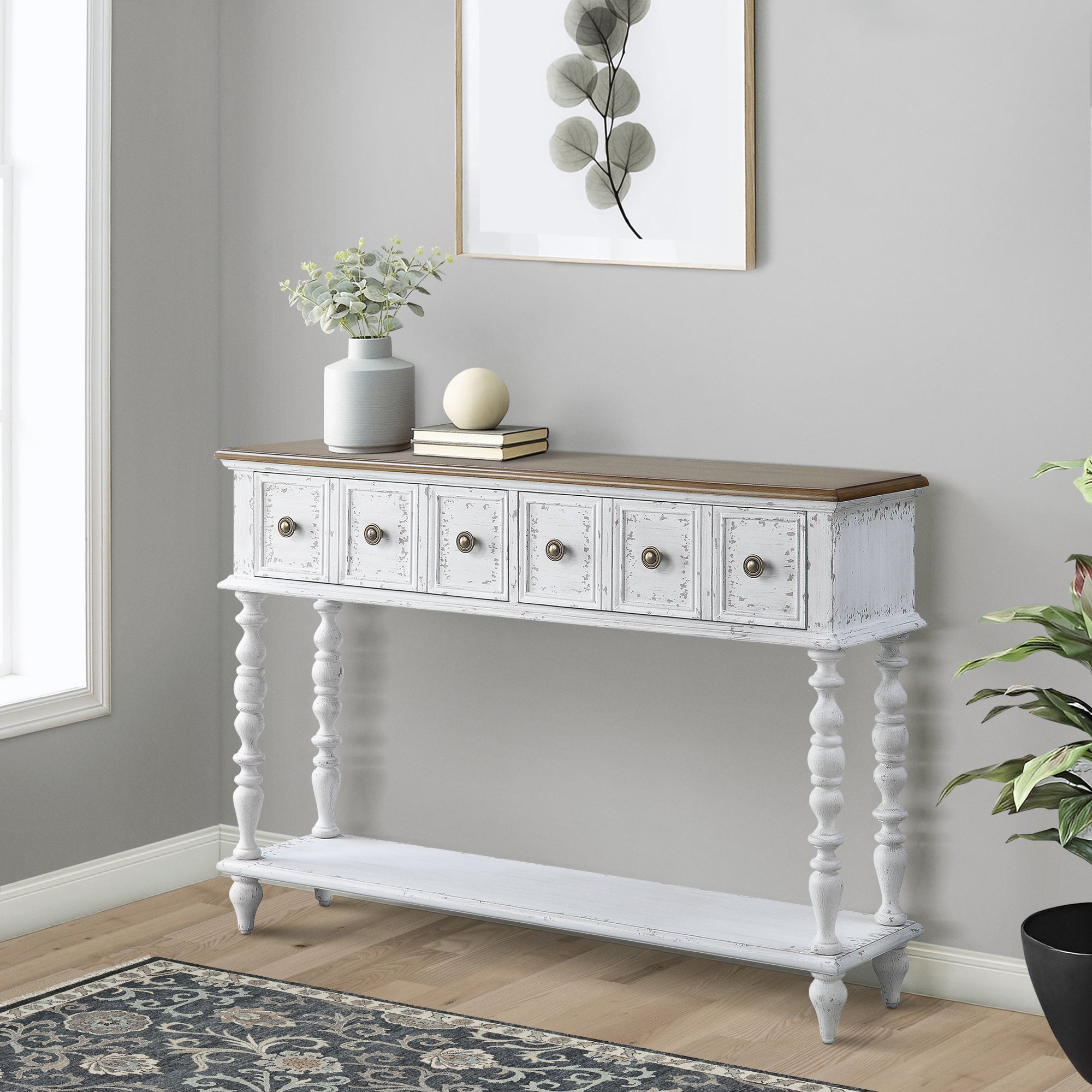 Dark Charcoal And Antique White Console Table White Primary Living Space Rubberwood Drawers Rectangular Wood
