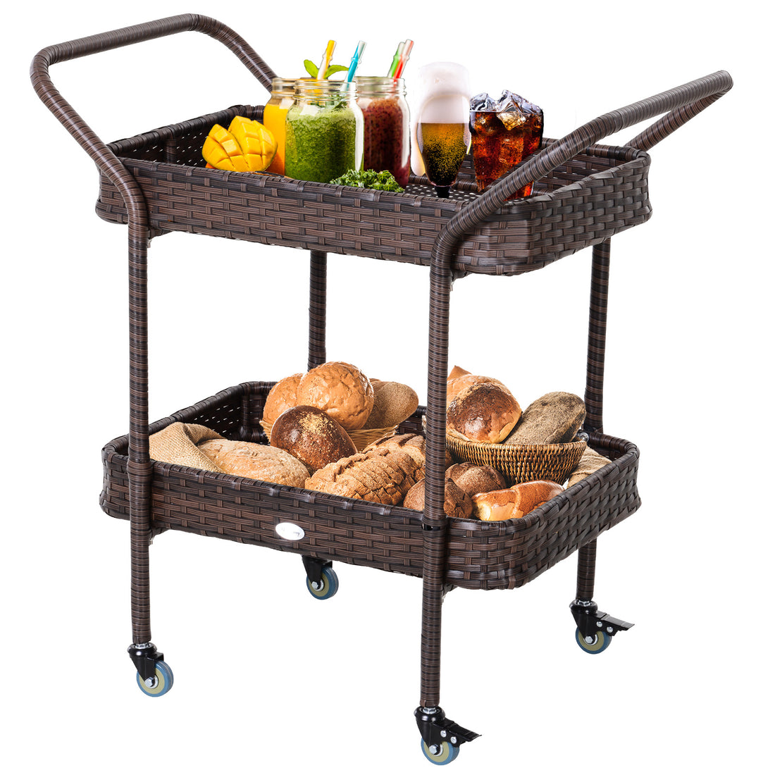 Outsunny Rattan Wicker Serving Cart With 2 Tier Open Shelf, Outdoor Wheeled Bar Cart With Brakes For Poolside, Garden, Patio Brown Steel