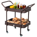 Outsunny Rattan Wicker Serving Cart With 2 Tier Open Shelf, Outdoor Wheeled Bar Cart With Brakes For Poolside, Garden, Patio Brown Steel