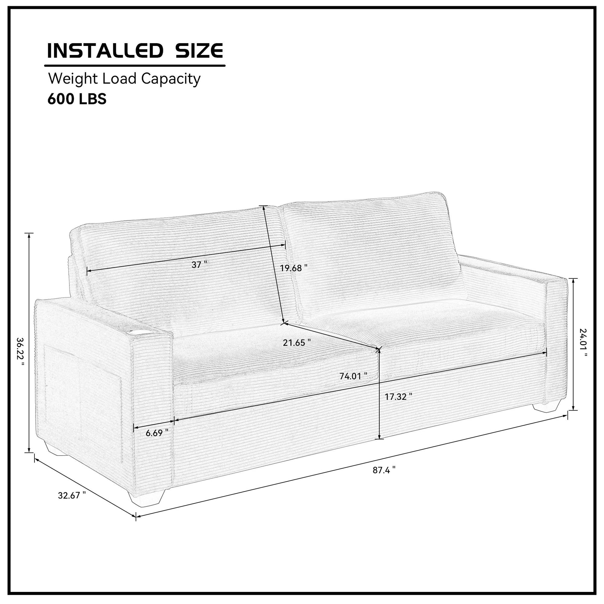 Corduroy Sofa, 87.4 Inch Modern Design Sofa With Cup Holder And Storage Bags, Deep Seat Sofa Couch,Comfy Couch For Living Room,Apartment,Green Green Corduroy 3 Seat