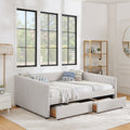 Queen Size Daybed With Two Drawers Trundle Upholstered Sofa Bed, With Vertical Stripes, Linen Fabric, Beige 86.5
