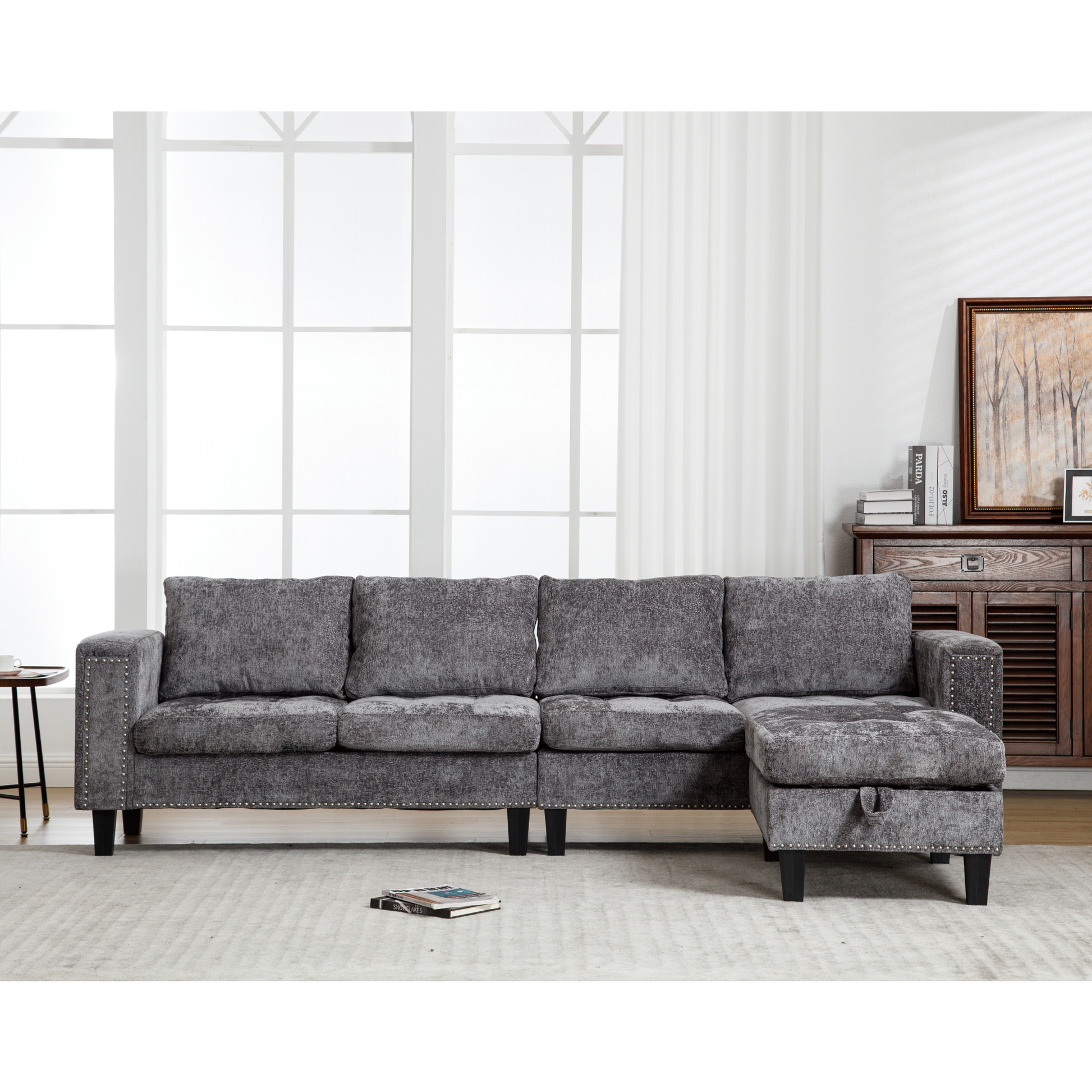 Arrived 5 Seat Modular Sofa,With Storage Ottoman, Convertible Sectional Sofa, L Shaped Couchreversible Chaise ,Riveted Sofa,Chenille, Gray Gray Polyester Wood Primary Living Space Medium Soft Cushion Back Modern Square Arms Foam Metal & Wood 5 Seat