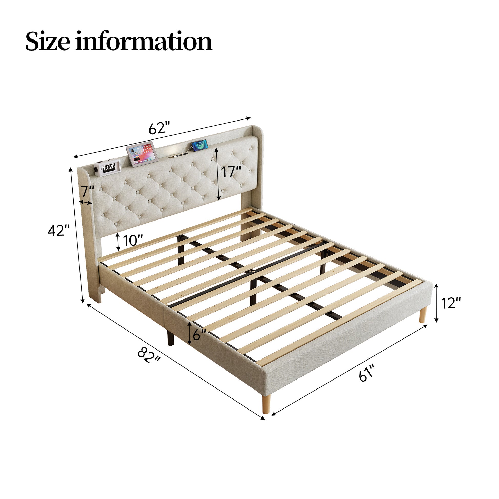Queen Size Bed, Mesh Backboard Beautiful, With Led Lights, Cotton And Linen Fabric, Frame Stability, Easy To Assemble,Light Gray Queen Light Gray Mdf Acacia