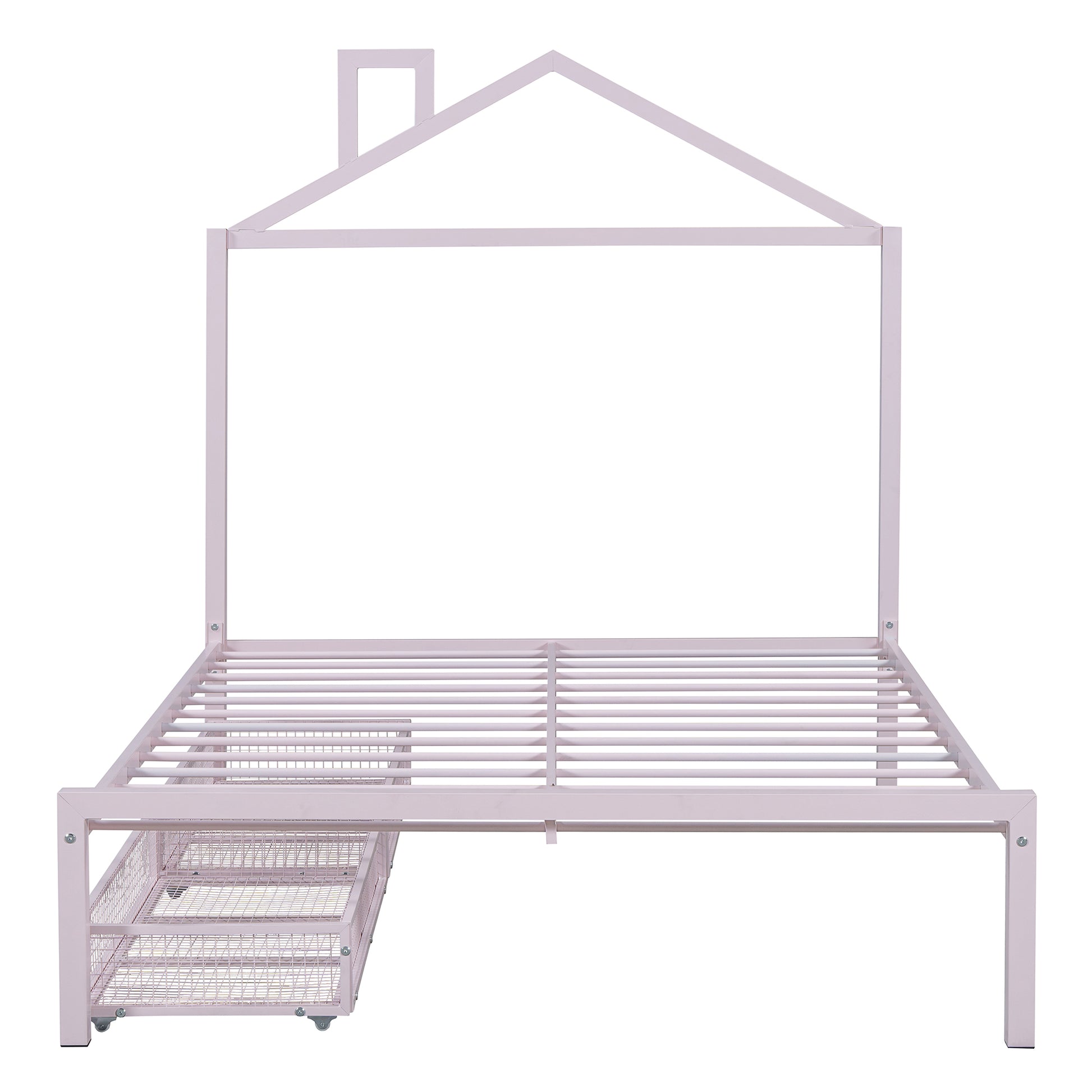 Full Size Metal Platform Bed With Two Drawers,House Shaped Headboard Design, Pink Full Pink Metal