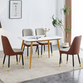 Table And Chair Set.A Morden Table With White Imitation Marble Patterned Stone Burning Tabletop With Golden Metal Legs.Paried With 4 Chairs With Pu Leather Backrest And Black Metal Legs. Grey Brown,White Gold Seats 4 Metal,Sintered Stone