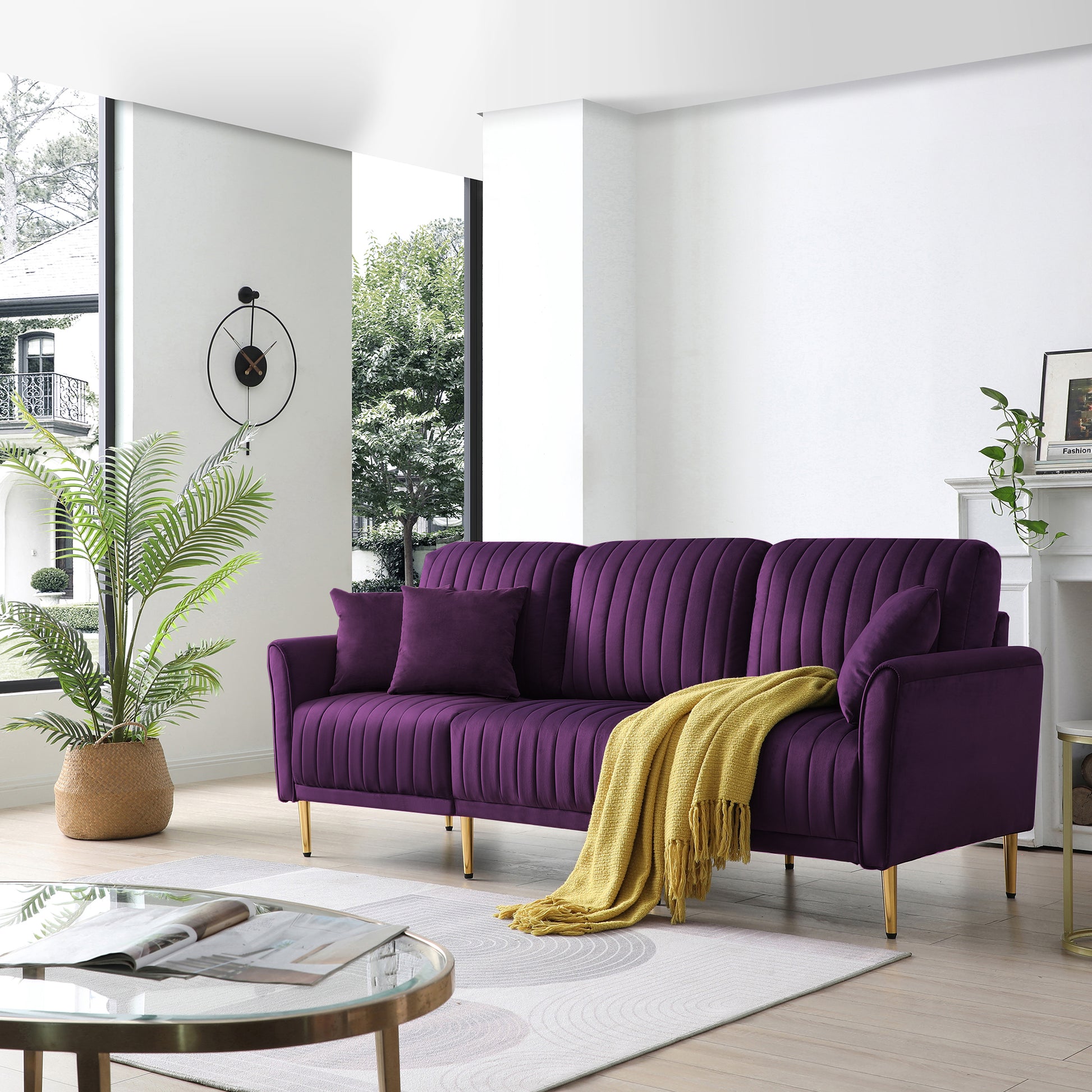 Living Room Sofa Velvet Upholstered Couch Furniture For Home Or Office 3 Seat,Purple Purple Foam Velvet 3 Seat