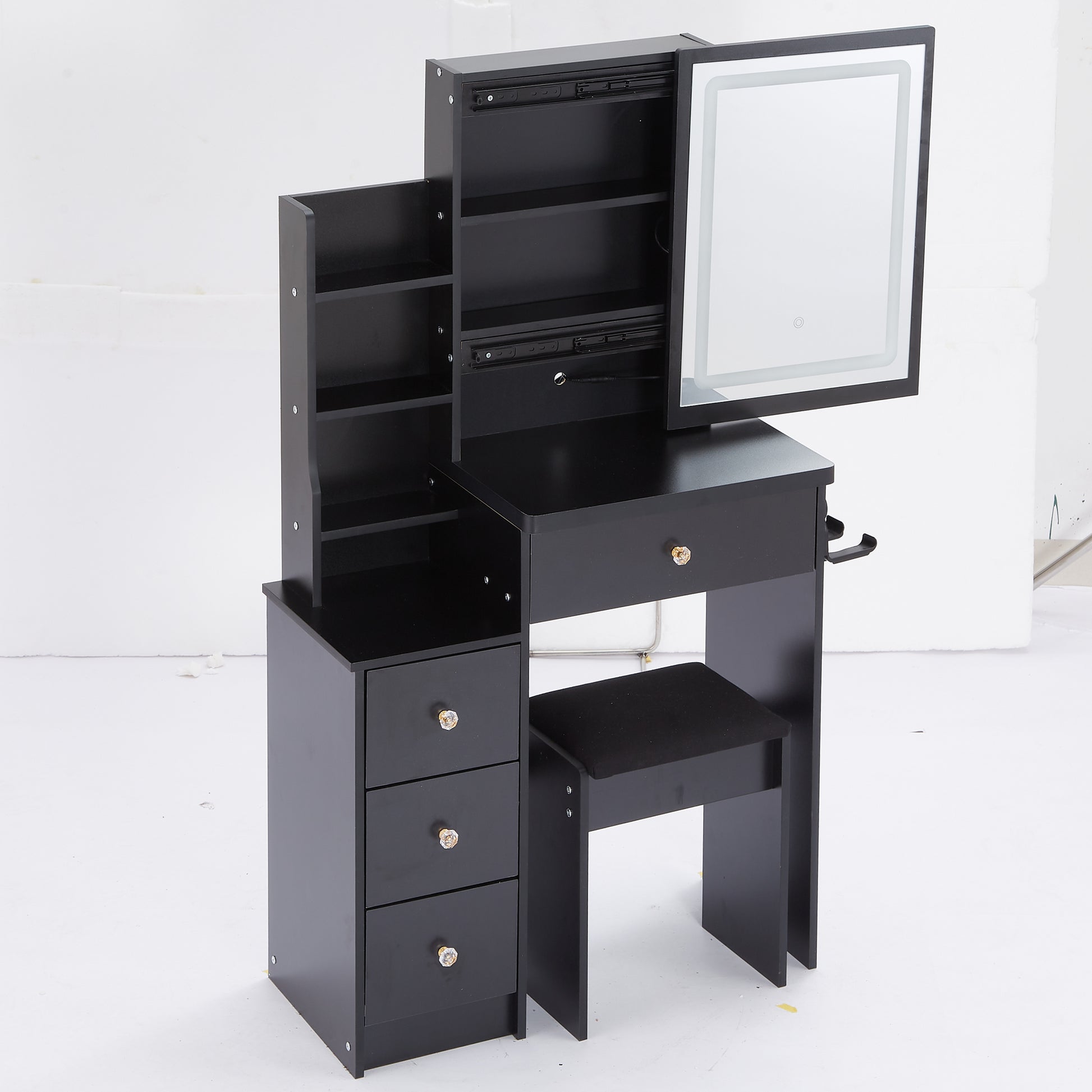 Small Size Left Bedside Cabinet Vanity Table Cushioned Stool, 2 Ac 2 Usb Power Station, Hair Dryer Bracket, Extra Large Touch Control Sliding Led Mirror, Tri Color Switching, Epa,Gcc,Ul Certificate