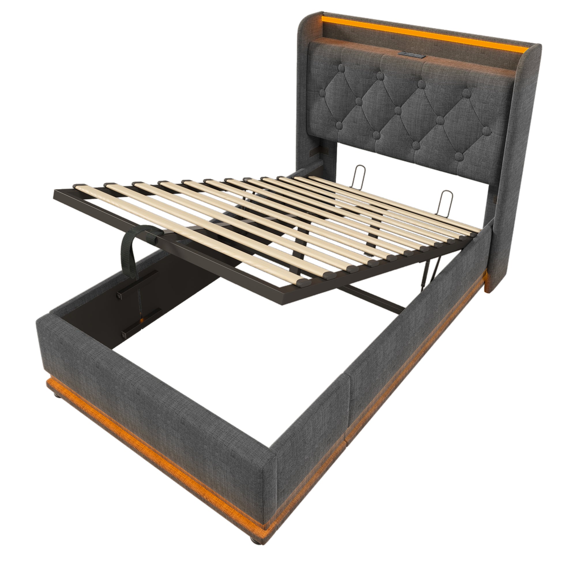 Twin Size Upholstered Bed, 360 Surround Led Function, Buttons Apps Remote Control, Hydraulic Storage Bed With Usb Type C Charging, Gray,Linen Without Mattress Twin Gray Linen