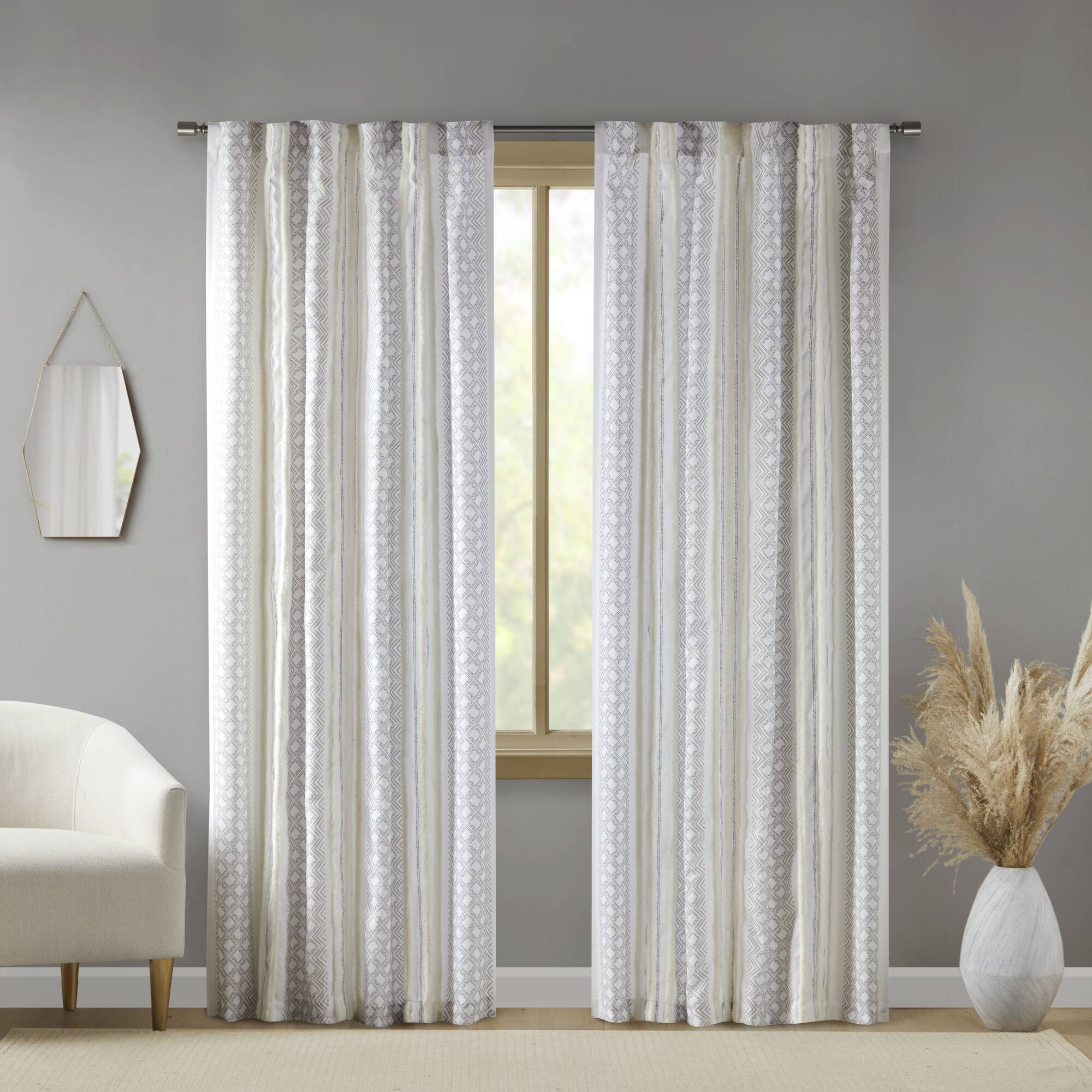 2Pk Poly Printed Curtain Panel With Tufted Stripe White Taupe 2 Pk 50X95" Multicolor Polyester