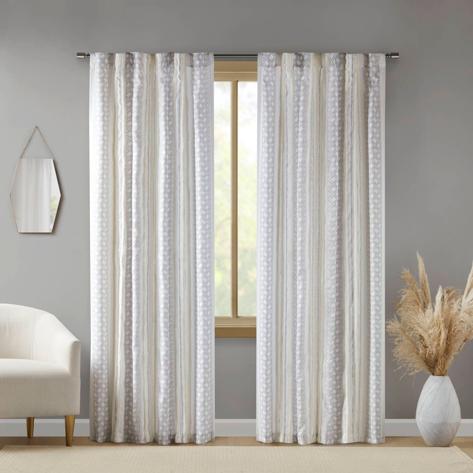 2Pk Poly Printed Curtain Panel With Tufted Stripe White Taupe 2 Pk 50X95" Multicolor Polyester