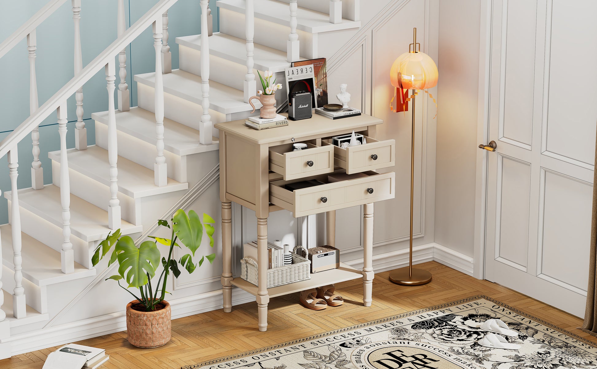 Narrow Console Table, Slim Sofa Table With Three Storage Drawers And Bottom Shelf Beige Beige Solid Wood Mdf