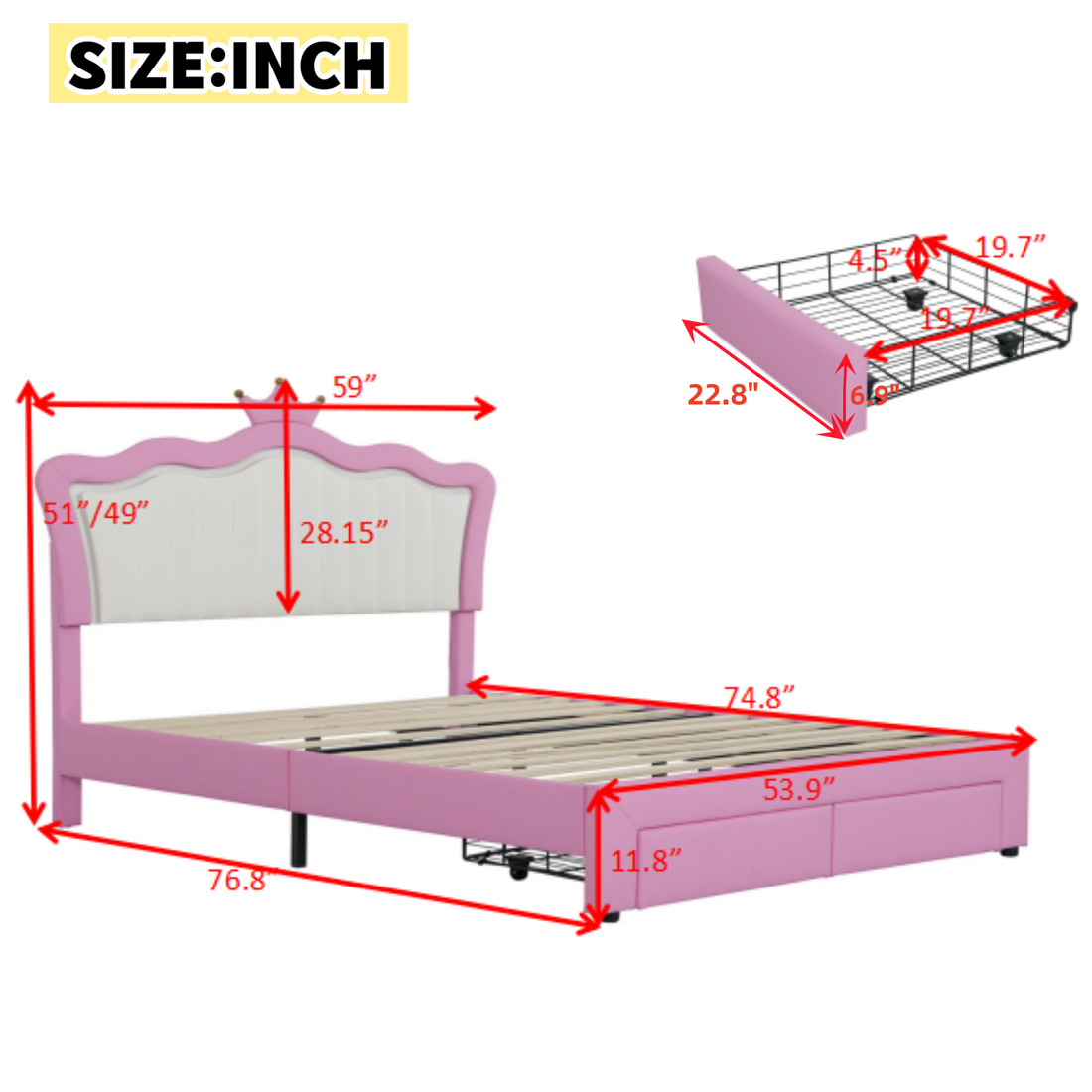 Full Size Upholstered Bed Frame With Led Lights, Modern Upholstered Princess Bed With Crown Headboard, 2 Drawers, Pink White Box Spring Not Required Full Pink White Wood Bathroom Modern Bed Frame Pu