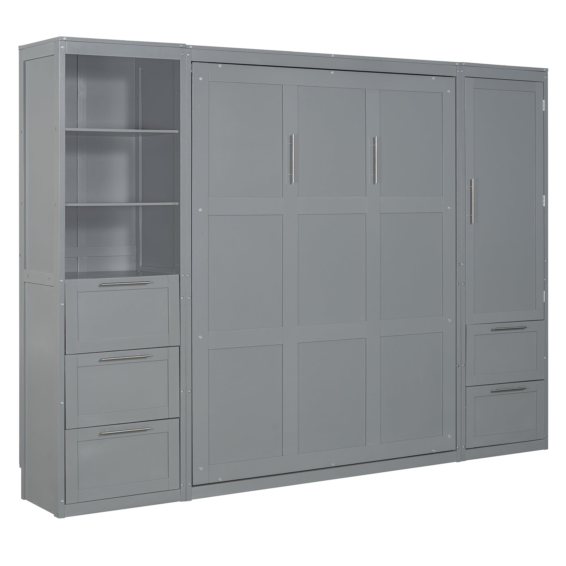Queen Size Murphy Bed Wall Bed With Closet ,Drawers And Shelves,Gray Queen Gray Mdf Lvl