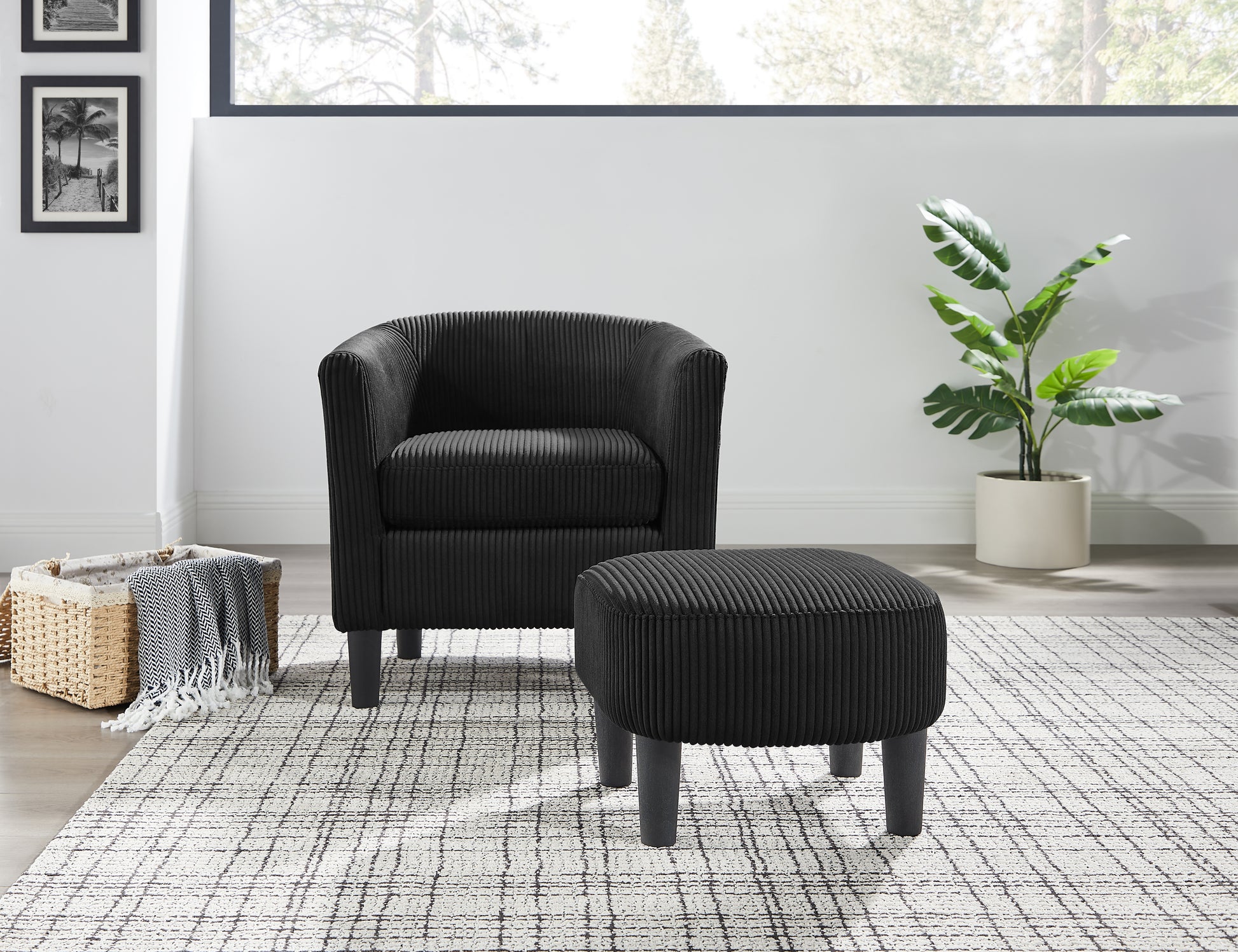 Modern Accent Chair,Upholstered Arm Chair Linen Corduroy Single Sofa Chair With Ottoman Foot Rest Comfy Armchair For Living Room Bedroom And Office,Black Black Fabric