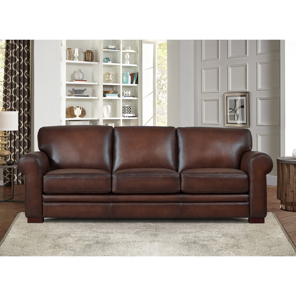 Brookfield Top Grain Leather Sofa Couch Caramel Genuine Leather Wood Primary Living Space Medium Firm Cushion Back Mid Century Modern Eucalyptus Rolled Arms Down Filling Leather 3 Seat