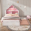 Full Size House Shaped Bed With Bookcase Headboard And Led Light And Twin Size Trundle For Kids Boys Girls, Pink White Box Spring Not Required Full White Pink Wood Bedroom Cute Bed Frame Wood