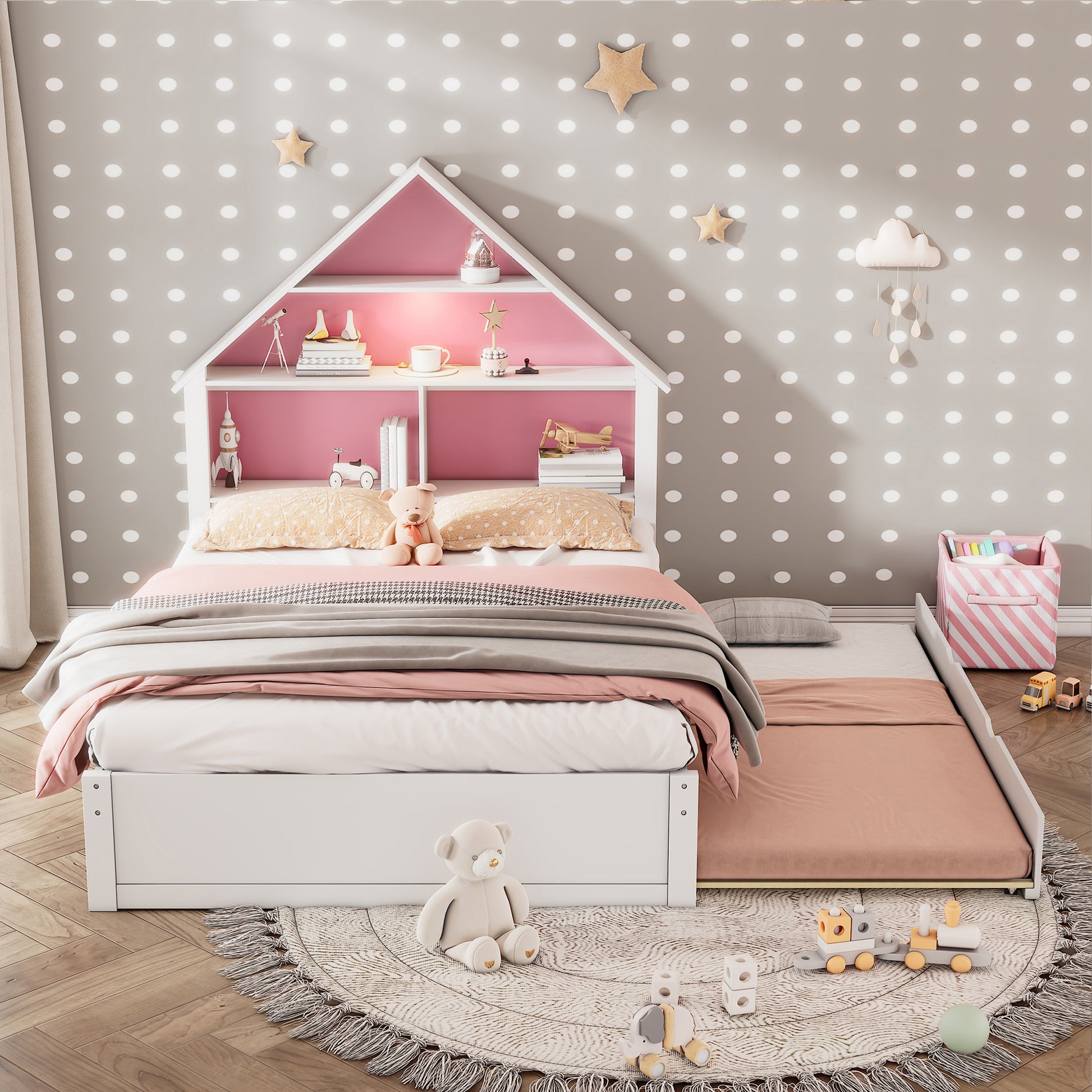 Full Size House Shaped Bed With Bookcase Headboard And Led Light And Twin Size Trundle For Kids Boys Girls, Pink White Box Spring Not Required Full White Pink Wood Bedroom Cute Bed Frame Wood