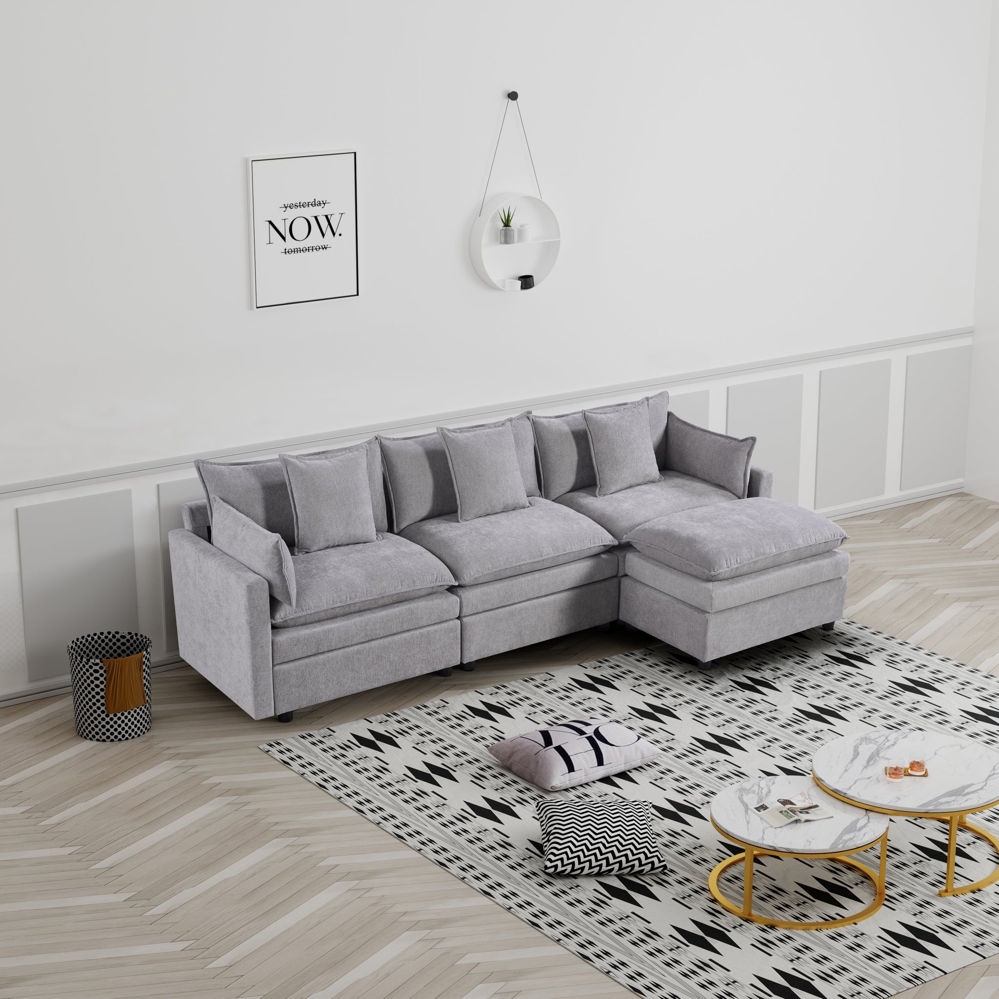 108.66"Modern Chenille L Shaped Sectional Sofa With Convertible Chaise, Comfy Cloud Couch Deep Sectional Sofa With Ottomans For Living Room Light Gray Wood Foam Chenille 3 Seat