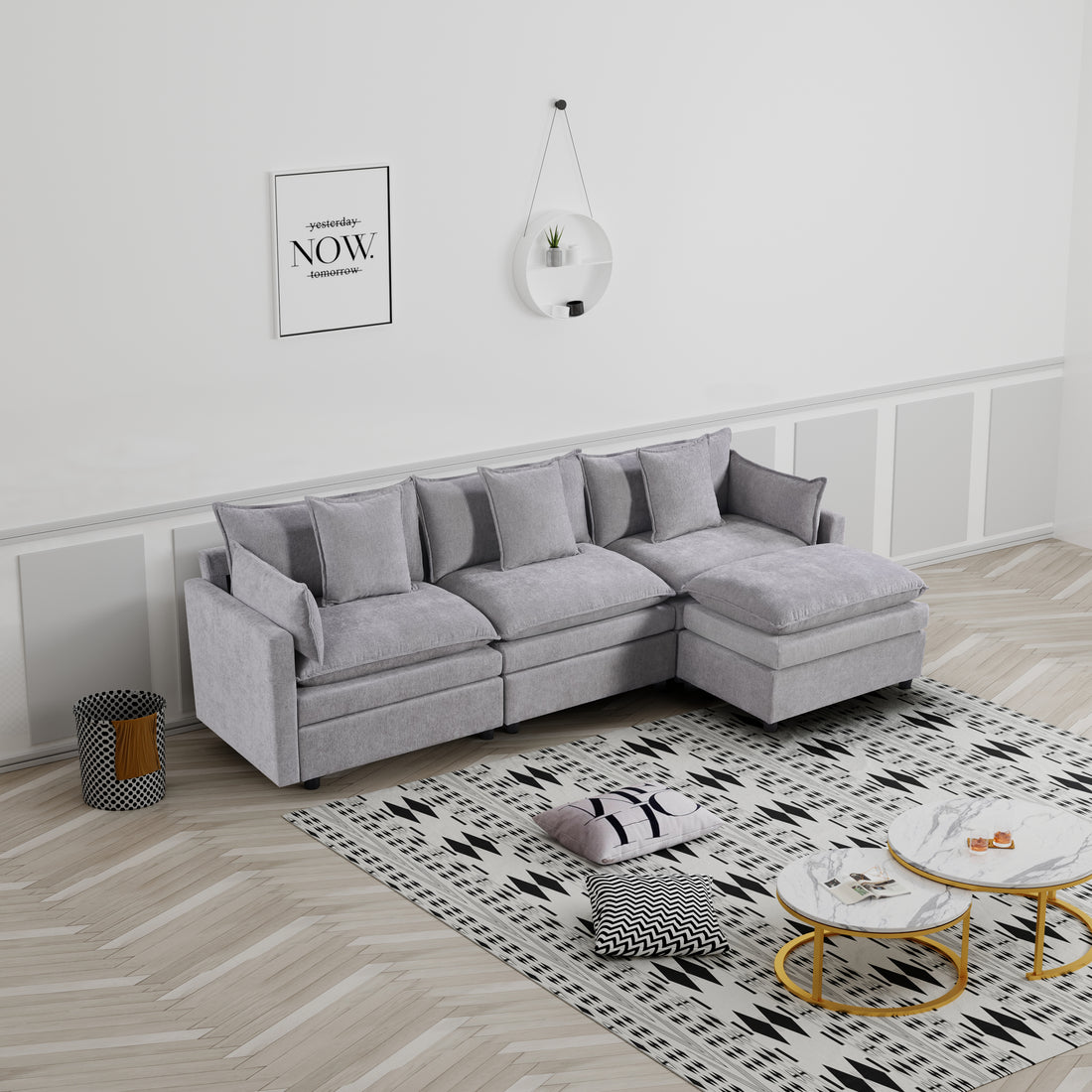 108.66"Modern Chenille L Shaped Sectional Sofa With Convertible Chaise, Comfy Cloud Couch Deep Sectional Sofa With Ottomans For Living Room Light Gray Wood Foam Chenille 3 Seat