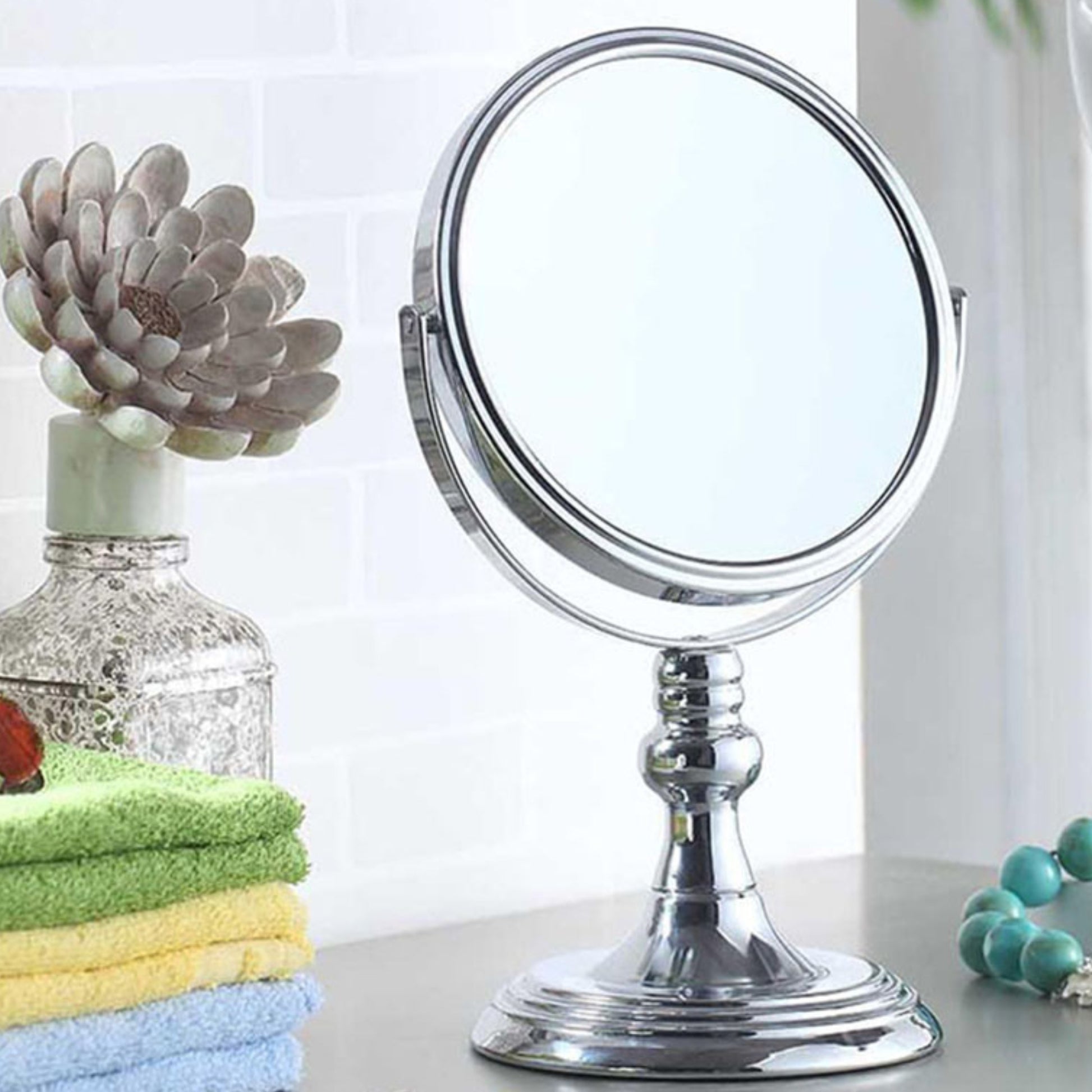 6.5" Diameter Chrome Make Up Mirror, X5 Magnification, Silver Finish Silver Metal