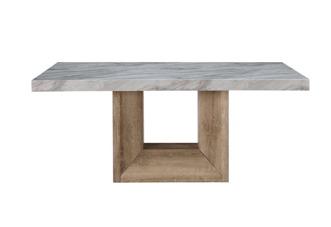 Sheena 5Pc Dining Table Set Natural Wood Dining Room Fixed Table Rubberwood Rectangular Dining Table With Chair Upholstered Chair Faux Marble Beige Natural Solid Back Seats 4 72 Inches Modern Double
