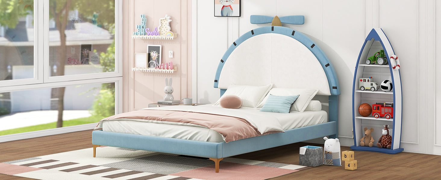 Full Size Upholstered Platform Bed With Alarm Clock Shaped Headboard, Blue Box Spring Not Required Full Blue Wood Bedroom Bed Frame Velvet Upholstered