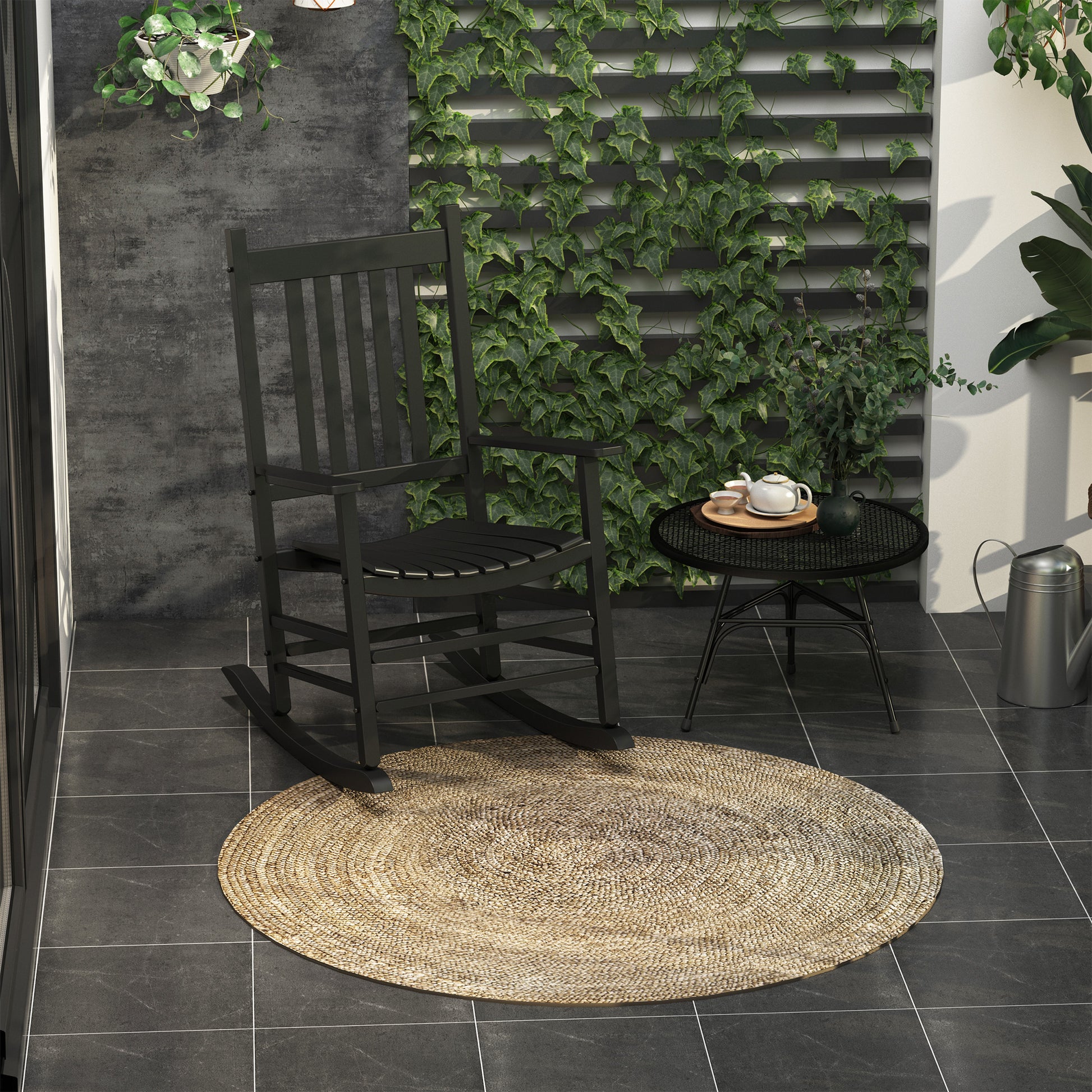 Outsunny Outdoor Rocking Chair, Patio Wooden Rocking Chair With Smooth Armrests, High Back For Garden, Balcony, Porch, Supports Up To 352 Lbs., Black Black Wood