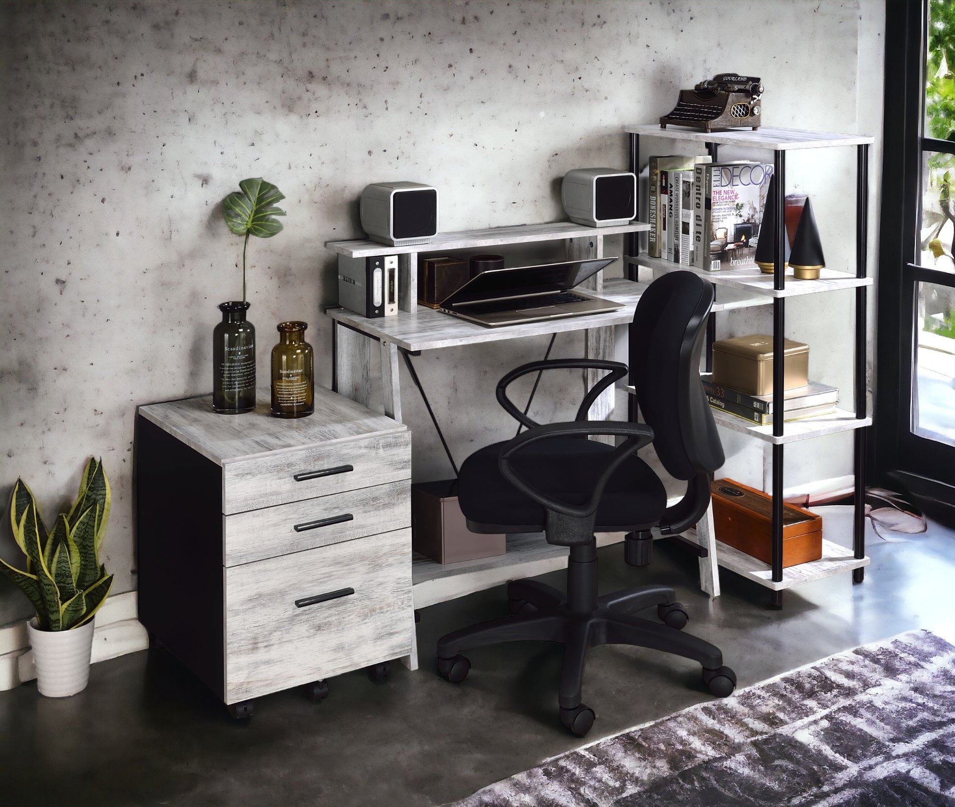 Nypho Antique White& Black Finish Writing Desk White Synthetic Wood