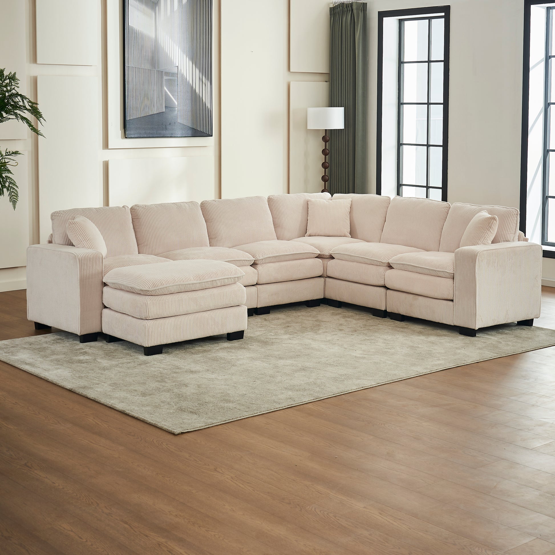 Modern U Shaped 6 Seat Sectional Sofa Couch With One Ottoman And Three Toss Pillows ,Modular Sofa For Living Room,Corduroy Sofa White Corduroy 7 Seat
