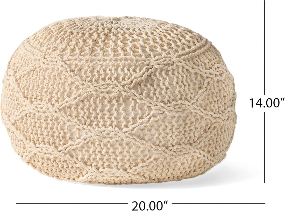Malibu Knitted Wool 20 X 20 Round Pouf Ivory Wool