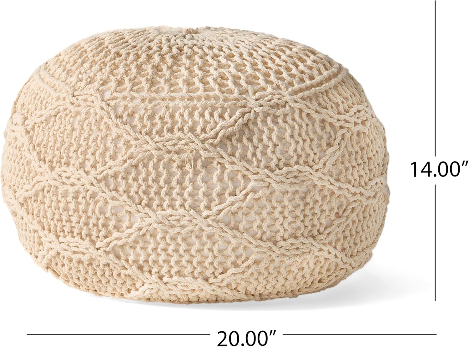 Malibu Knitted Wool 20 X 20 Round Pouf Ivory Wool