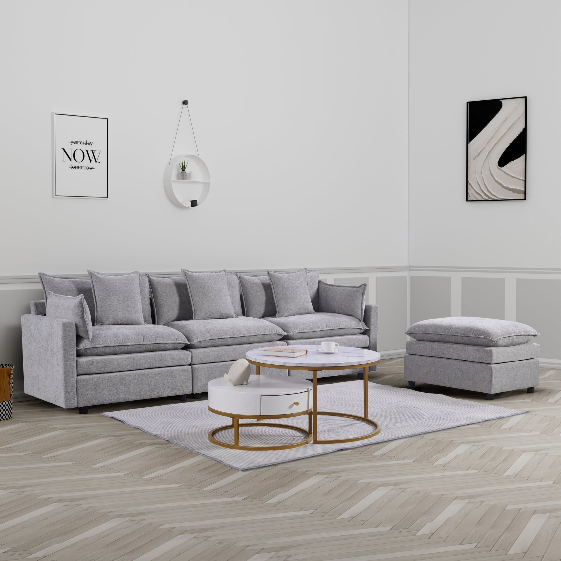 108.66"Modern Chenille L Shaped Sectional Sofa With Convertible Chaise, Comfy Cloud Couch Deep Sectional Sofa With Ottomans For Living Room Light Gray Wood Foam Chenille 3 Seat