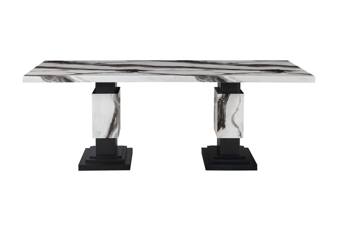 Stacey Zebra White Black Dining Table Multicolor Seats 6 Dining Room Modern Rubberwood Rectangular Wood Rubber Wood Pedestal