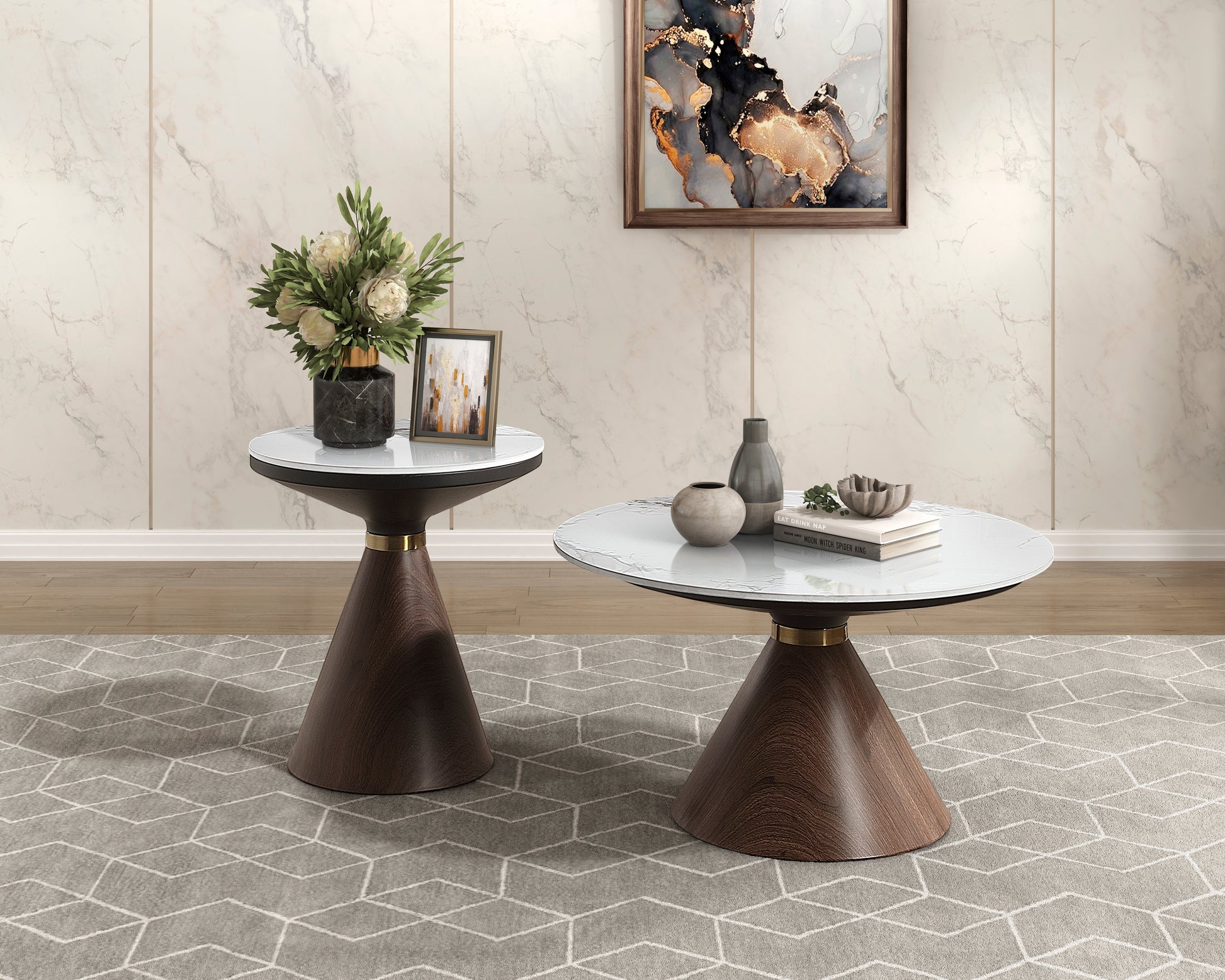 Luxury Living Room Furniture 1Pc Cocktail Table White Sintered Stone Top Decorative Oak Finish Wood With Gold Tone Metal Band Oak Primary Living Space Luxury,Modern Round Coffee & End Tables