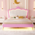 Full Size Upholstered Bed Frame With Led Lights, Modern Upholstered Princess Bed With Crown Headboard, Pink White Box Spring Not Required Full Pink White Wood Bedroom Modern Bed Frame Pu