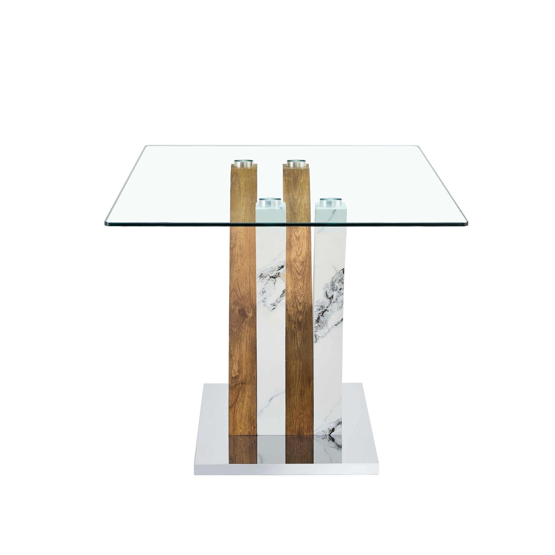 Table And Chair Set.Modern Dining Table, Tempered Glass Countertop With Artistic Mdf Legs.Paried With 4 Comfortable Chairs With Pu Seats And Metal Legs. Suitable For Various Decoration Styles. Black Brown,Transparent Seats 4 Mdf Metal