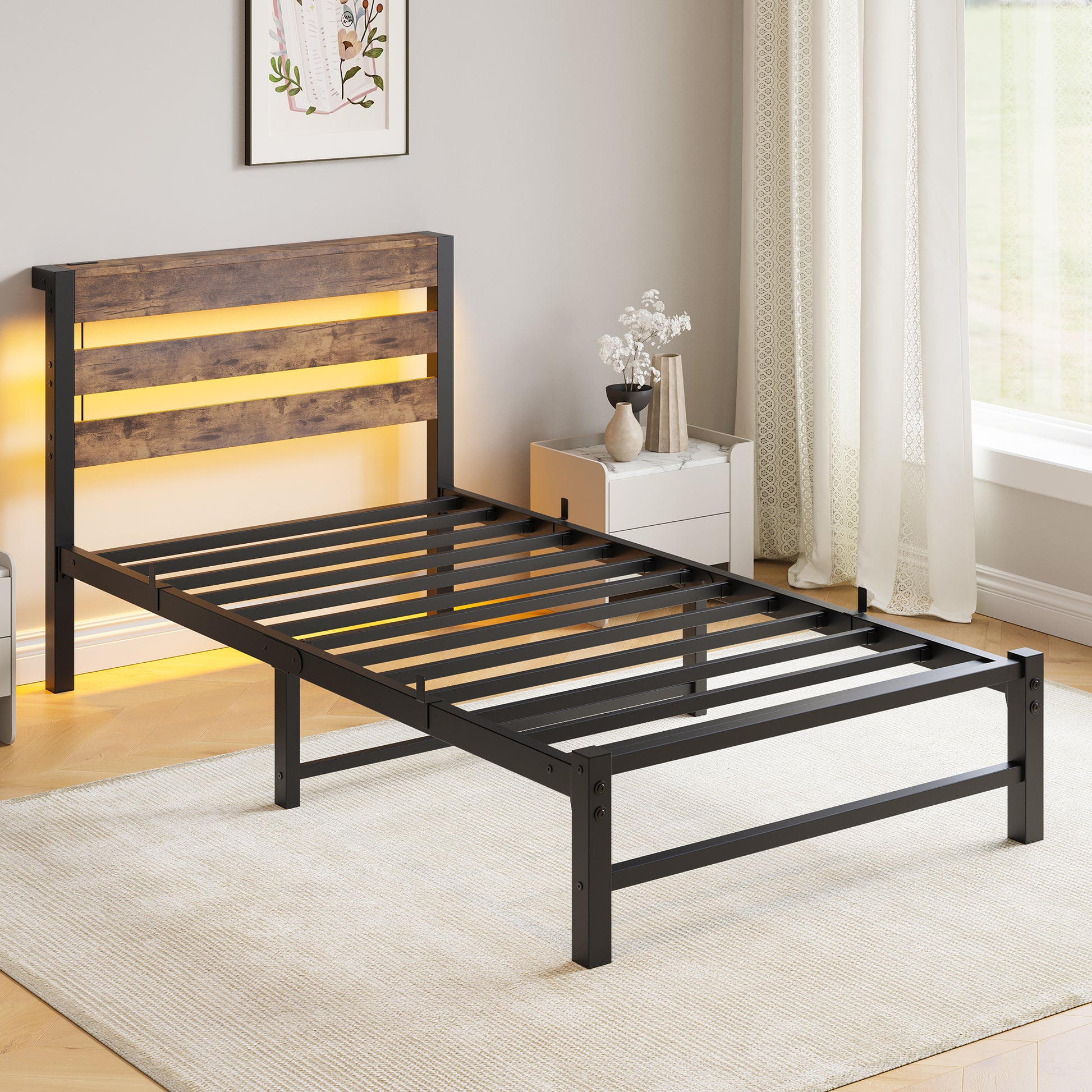 Twin Size Bed Frame Heavy Duty Platform Bed Frame With Headboard, Usb Charging Station, Led Bed, No Box Spring Needed, Mattress Foundation, Strong Steel Slats, Noise Free, Brown Box Spring Not Required Twin Beige Brown Metal Brown Bedroom