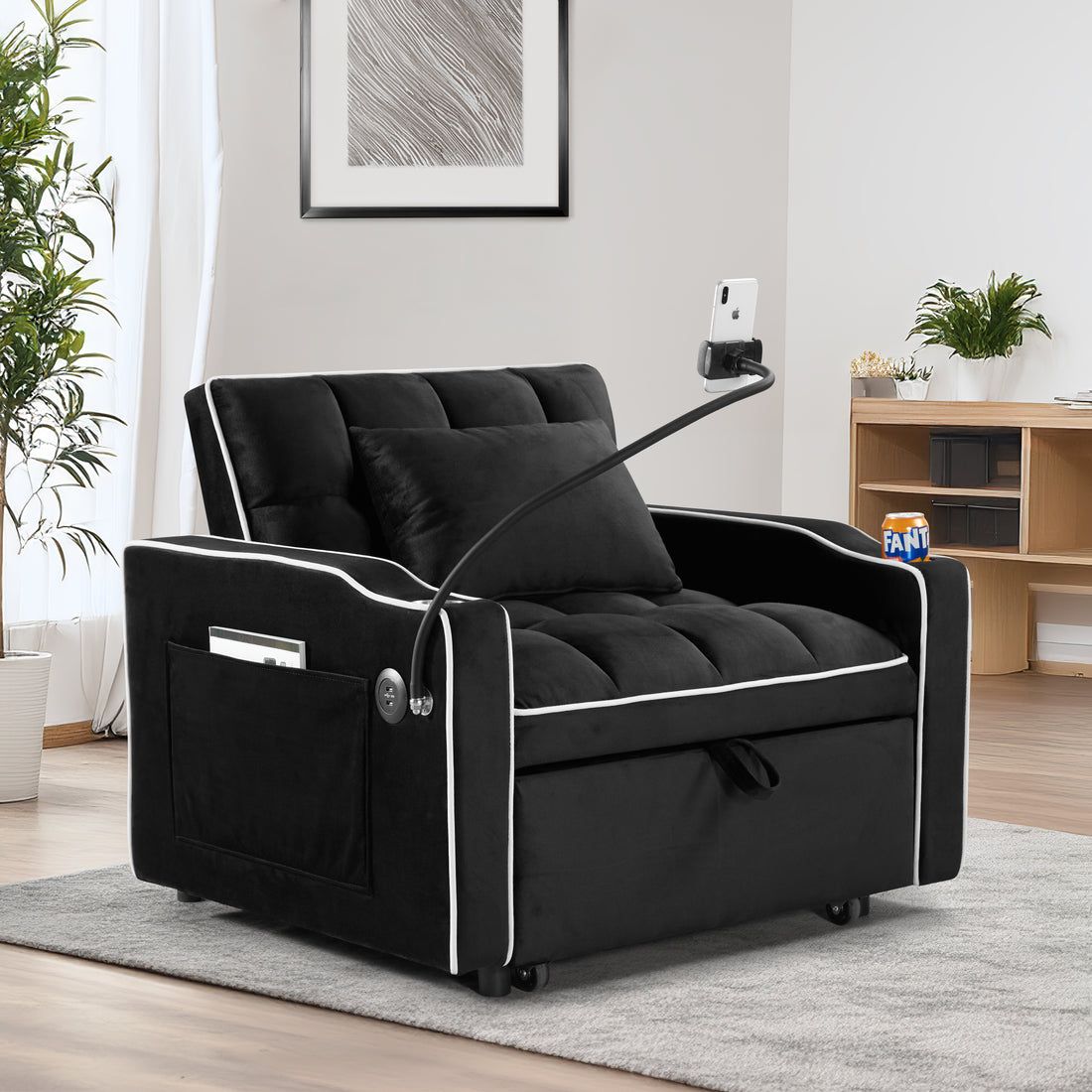 Convertible Sleeper Chair Sofa Bed Adjustable Pull Out Sleeper Chair Bed Multi Pockets Folding Sofa Bed For Living Room Bedroom Small Space,3 In 1 Sofa Bed, Black Black Velvet 1 Seat