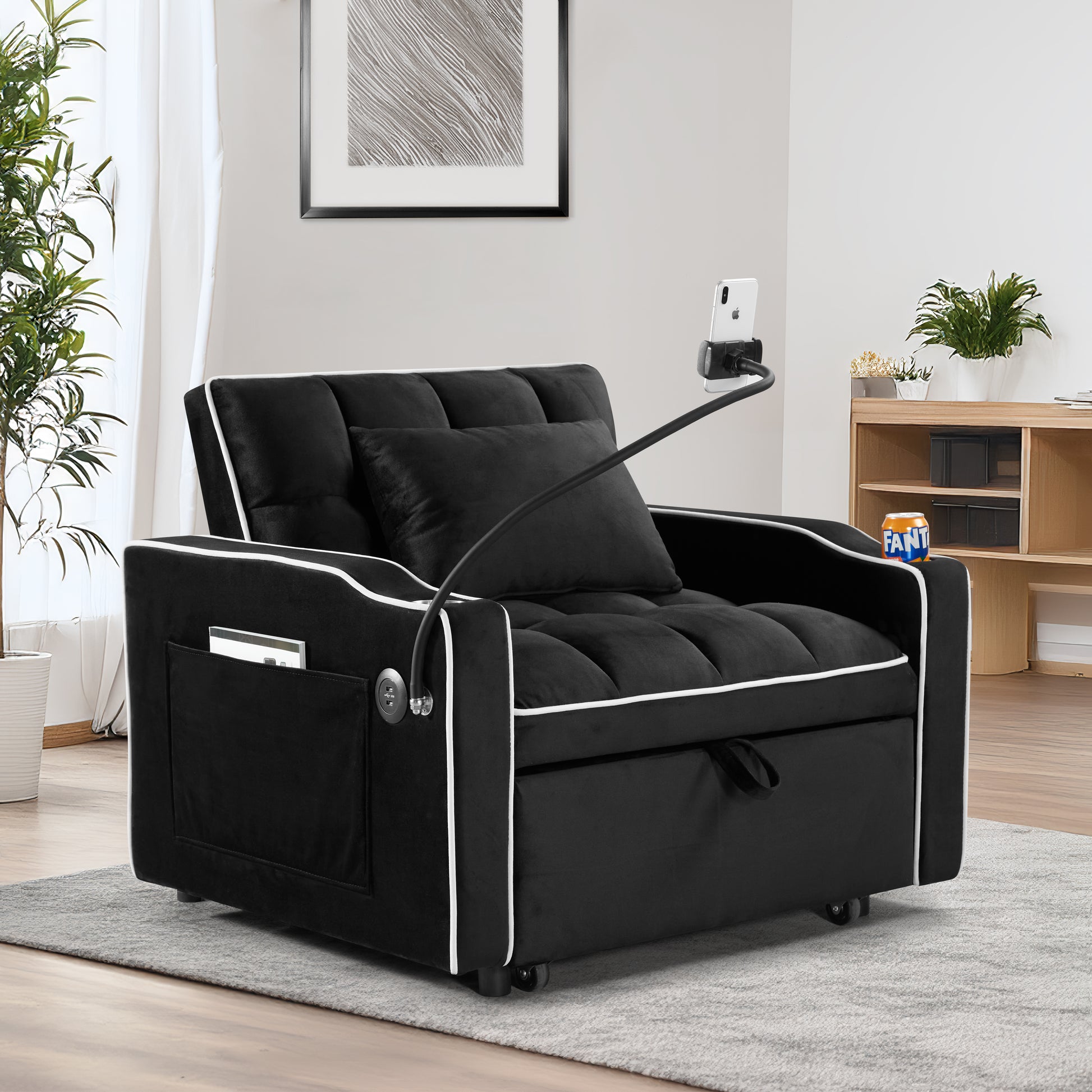 Convertible Sleeper Chair Sofa Bed Adjustable Pull Out Sleeper Chair Bed Multi Pockets Folding Sofa Bed For Living Room Bedroom Small Space,3 In 1 Sofa Bed, Black Black Velvet 1 Seat